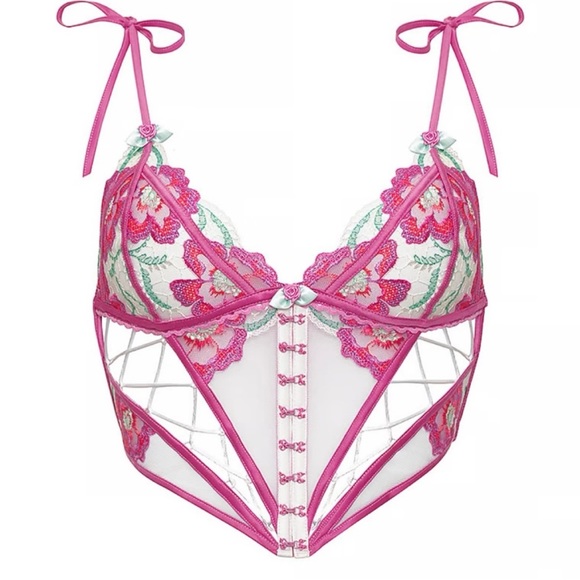 NWT 2 Pc Festival Floral Bustier & Thong Panty Size Large Pink & White - Picture 4 of 13